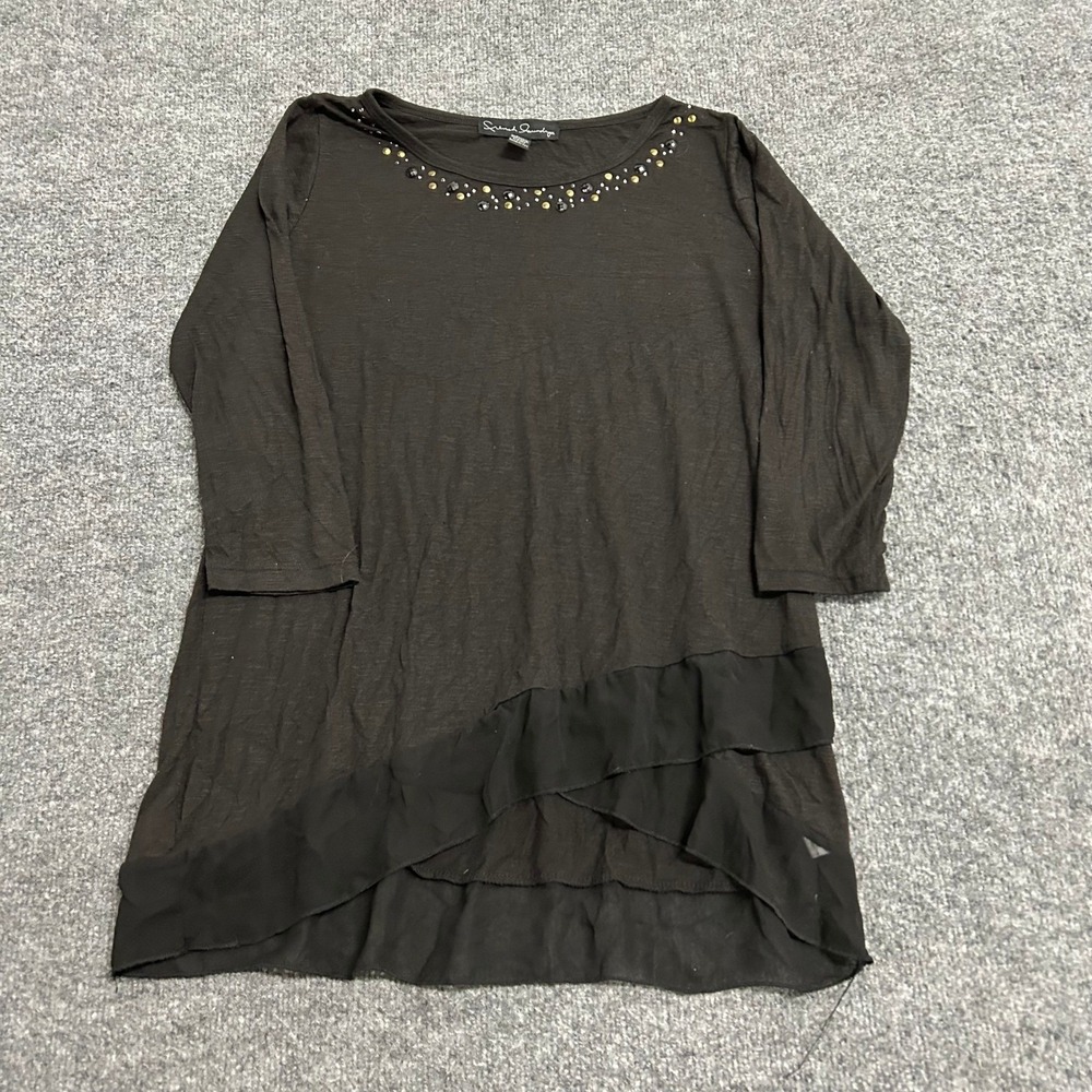 French Laundry Top Womens Size M Black Viscose Neck Tiered Chiffon Hem 3/4s